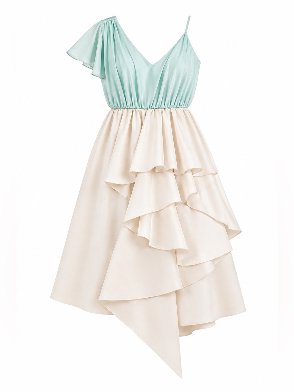 Asymmetric Mint and Cream Ruffled Cocktail Dress